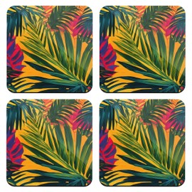 Tropical Leaf Coaster Set, Exotic Floral Art 9cm Glossy Wood Drinks Mat Gifts
