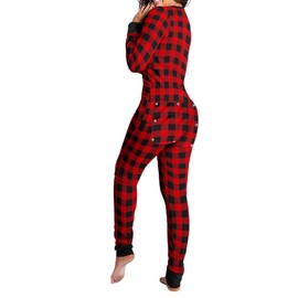 ensswliz Women's Sexy Valentine Day Butt Button Back Flap Jumpsuit Pajamas Long Sleeve Romper Bodycon Pajamas One Piece (A-Red Plaid, M)