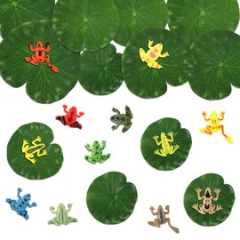 OOTSR 24 Pack Mini Realistic Frog Toys and Artificial Lily Pads, Includes 12 Pack Plastic Frog Figures Toys with 12 Pack Floating Foam Lotus Leaves for Kids Playing Party Favor Pool Decor