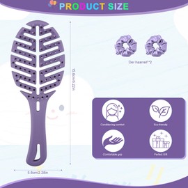 Yeria Children's Hair Brush without Pulling - Purple Detangling Brush for Girls Including 2 Silk Hair Bobbles - Leaf Design Detangler Brush - Anti-Pull Brush for Fine & Curly Hair