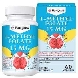 Basigano 15mg L Methylfolate (5-MTHF)- Active Folic Acid-Enriched with Vitamins B6 and B12-60 Vegetarian Capsules - Non-GMO, Gluten-Free