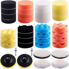 VASLON 38Pcs/lot 3 inch Car Polishing Buffing Waxing Kit Polisher Sponge Pads Set with Drill Adapter for Vehicle Waxing Boat Polishing(30 Pads+2 Drill Adapters+2 Suction Cups+2 woolen fiber polishing pads+2 pieces hook and loop pads)