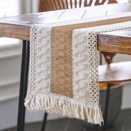 Camino de mesa elegantes，Paño de Mesa Boho de Algodón Tejido a Mano，Paño de Mesa de Arpillera con Borlas,para fiesta, despedida de soltera, comedor, Decoración de la Casa y la Cocina，220cm * 30cm