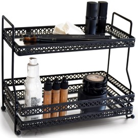 AQ 2-Tier Bathroom Organizer Countertop - Matte Black Vanity Mirror Tray for Skincare & Makeup Organizer - Bathroom Corner Counter Organizer - Two-Tier Bathroom Counter Organizer, Corner Perfume Tray