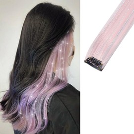 2 x Clip-In Hair Extension Highlights Streaks, Colourful Hair Highlights (Sparkle Light Pink)