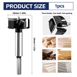 Forstner Drill Bit, 38mm Hinge Cutter Triple-Fluted Auger Drill Bit With Round Shank for Solid Wood Plastic Plywood