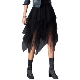 Women Tutu Tulle Skirt Fairy Elastic High Waist Party Midi Skirt Asymmetrical Tutu A-Line Mesh Layered Swing Skirts (Black, ONE Size)