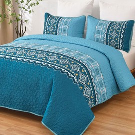 WONGS BEDDING 3 Piece Quilt Set Queen,Boho Teal Bedspread Coverlet Set with Geometry Printed for All Season,Lightweight Morden Bohemian Bedding Set 96"×90"