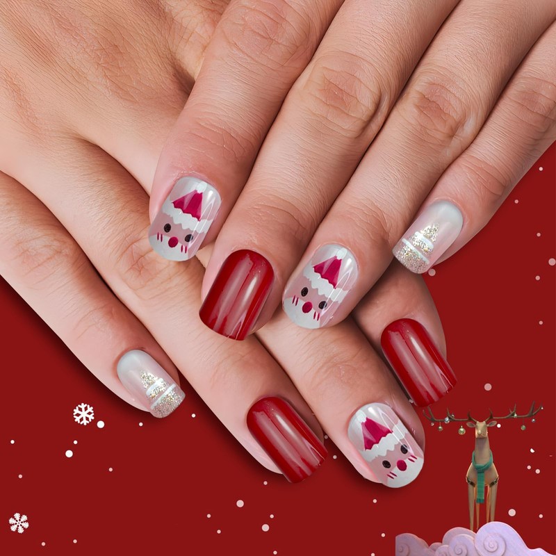 Christmas False Nails, 24 Pieces Christmas Red False Nails Set,