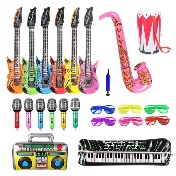 Newthinking Inflatable Rock Star Toy Set, 22 Pack Inflatable Party Prop for Adults and Kids - 6 Inflatable Guitar Microphones Shutter and Shading Glasses, 1 Saxophone Piano Radio and Drum