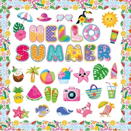 58 Pcs Hello Summer Bulletin Board Set Beach Bulletin Trim Board Border Hawaiian Beach Slippers Cutouts Holiday Borders Bulletin Teacher Supplies for Back to School Classroom Decor