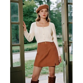 Belle Poque Women Basic Corduroy Skirt Fall Winter Short Mini Skirt with Pockets Brown L