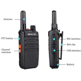 Retevis RB635 Walkie Talkie, Portable 2 Way Radio with LED Flashlight, License Free PMR446, VOX, Emergency Alarm, Professional 2 Way Radio Long Range for Family, Retail(Black, 2Pcs)