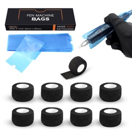 EZ Tattoo Maschinenabdeckungen mit Griffbändern - 9 Stück (2.5cm x 4.5m) Tattoo Grip Tapes with 200 Stück (5cm X 16cm) Blau Disposable Tattoo Stift Maschinenabdeckungen