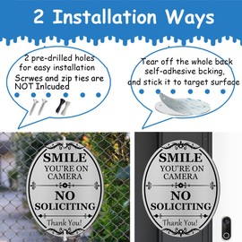 No Soliciting Sign, 4" x 5" Self-Adhesive Aluminum Metal No Solicitors Sticker,Weatherproof Surveillance Warning Sign for Home Business (Smile-Brushed Silver)