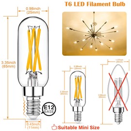 Mlambert 12 Pack E12 LED Edison Bulbs,4W Equal 40W e12 Candelabra Bulbs 2700K,Dimmable T6 T25 LED Bulbs,E12 Bulbs for Chandelier,not E26 Base