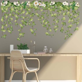 Amimagen Green Hanging Vine Flower Wall Decals - Floral Leaves Nature Plants Wall Stickers - Bedroom Living Room Sofa TV Background Home Wall Decals