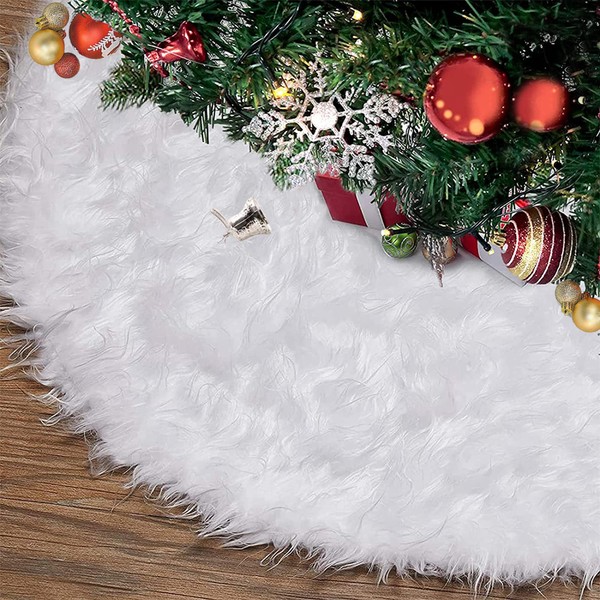 White Christmas Tree Skirt, Plush Faux Fur White Tree Skirts, 31Inch Round Christmas Tree Skirt, Christmas Trees Base Cover Mat Decorations for Xmas Year Party Holiday Home Decorations - Pure White