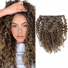 Caliee Extensin de pelo humano de grado 8A de 45,7 cm con clip en extensiones de cabello rizado, doble trama P 427, color marrn oscuro, color marrn...