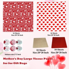 UAREBST 52 Sheets Red Happy Mother's Day Tissue Wrapping Paper Bulk for for Gift Bags, Large Tissue Paper for DIY Crafts,Flower Bouquet, 19.7 Inch,Party Decor