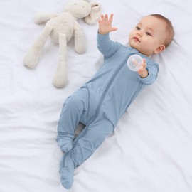 GUISBY Baby Footed Pajamas, Rayon Sleeper with Mitten Cuffs,Zip up Pajama Light blue 6-12 Months