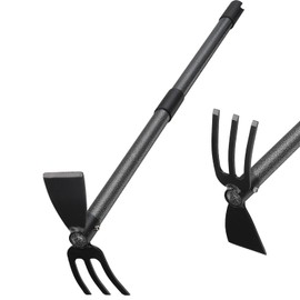Hoe and Cultivator Gardening Hand Tools, Heavy Duty Stainless Steel Garden Hoe and 3 Fork Hand Tiller for Gardening Weeding Planting with Adjustable Handle 45 inch