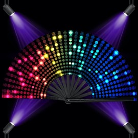 Zolee UV Glow Rave Folding Hand Fan with Bamboo Ribs for Men/Women - Large Clack Festival Fan - for EDM, Dance Music Festival Party, Performance, Decorations, Gift (Bling Round)