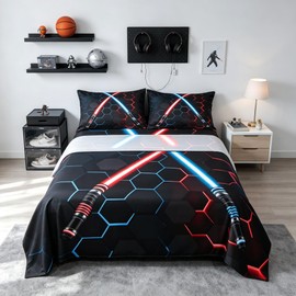 Neon Red Blue Light Up Sword Bed Sheets King Size Geometric Honeycomb Bedding Set 4Pcs for Kids Girls Boys Teens Room Decor Fashion Games Sheet Set Black 3D Hexagon Fitted + Flat Sheet,2 Pillowcases