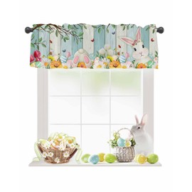 Easter Valances for Windows Bunny Egg Tulip Window Valances Rod Pocket Daisy Spring Butterfly Stripes Wood Grain Window Treatment Spring Holiday Decor Valances for Kitchen Living Room Bedroom, 54x18in
