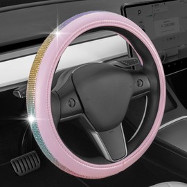 Pink Diamond Bling Steering Wheel Cover,Standard 15 Inch Size Fits Most Vehicles, Cute Faux Leather Car Steering Cover with Rhinestone Crystal, Car Accessories for Women