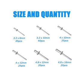 BESTYCHAO 180pcs 6 Sizes Aluminum Blind Rivets, Pop Rivets Assortment Kit (Silver)
