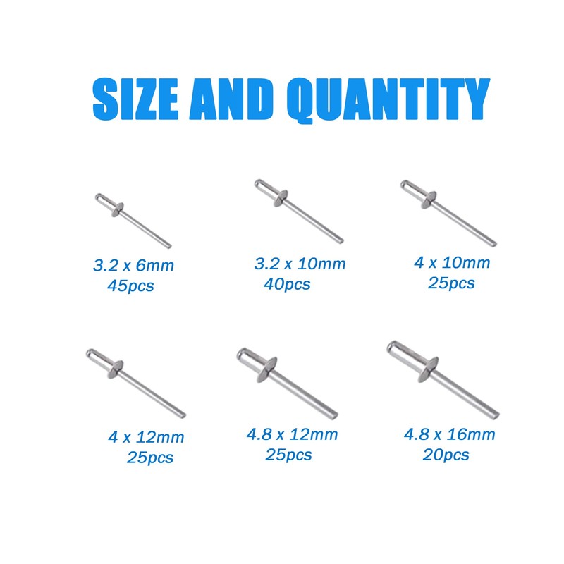 BESTYCHAO 180pcs 6 Sizes Aluminum Blind Rivets, Pop Rivets Assortment