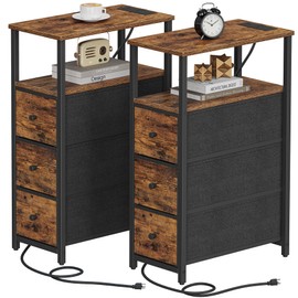 TUTOTAK TUTOTAK Narrow End Table with Charging Station, Side Table with Plugins, Tall NightStand with 3 Fabric Drawer, Small Bedside Table with Storage, Set of 2, Living Room, Bedroom, Brown TB01BB073