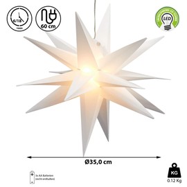 LED Star Decoration White with Timer Function Foldable Small Diameter 35 cm Warm White Indoor Mood Light (1 x LED Star White)