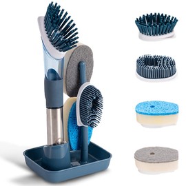 Dish Cleaning Brush, Soap Dispensing Dish Brush Set with 4 Replacement Heads and Storage Holder, Kitchen Scrub Brush for Dish Pot Pan Sink Cleaning (Blue)