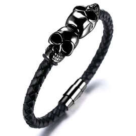 HALUKAKAH ● Assassin ● Men's Genuine Leather Bracelet with Titanium Skull Heads Magnetic Clasp 8.46"/21.5cm(Black)