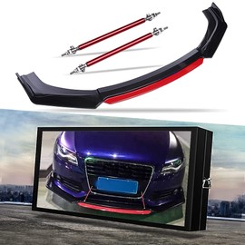 Universal Glossy Black&Red Front Bumper Lip Chin Spoiler Splitter Diffuser Guard Wing Protector Trim Car Body Kit with Red Adjustable Support Splitter Rod