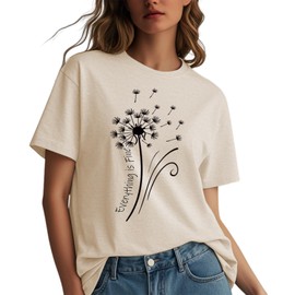Womens t Shirts Short Sleeve Casual Summer Loose Round Neck Everything is Fine & Dandelion Graphic Tops for Women L Apricot