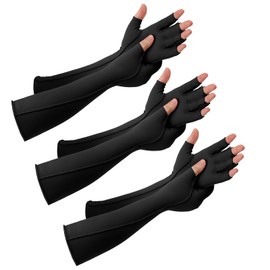 Janmercy 3 Pairs Arthritis Compression Gloves Outside Seams Fingerless Compression Gloves for Women Men Carpal Tunnel Swelling (Extended,Black)