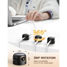 Lamicall [360° Rotatable] Spring Cable Holder Clips - 6 Pack Cord Management, [1s Lock] Wire Holder Organiser, No-residue Desk Tidy, Phone Charging Cable Keeper for Car, Office, Home - Black (8mm)