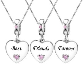KunBead 18 inch Best Friends Forever Friendship Pink Heart I Love You Birthday Charm Pendant Matching Necklace for Women set for 3