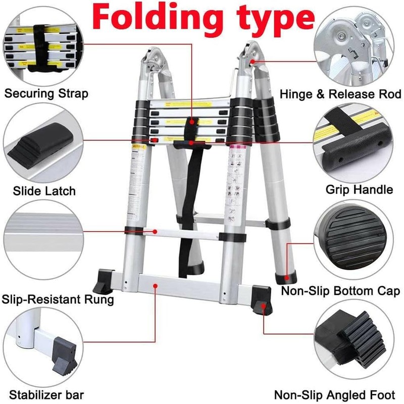 12.5FT A-Frame Extension Ladder Aluminum Telescopic Ladder Portable Collapsible Ladder