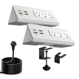 Upgraded Version Edge Mount Power Strip with USB-C Ports Tabletop Surge Protector Desk Clamp Power Sockets with 3 AC Outlets &4 Fast Charging USB Ports for Home Office Hotel Dormitory (White- 2pack)