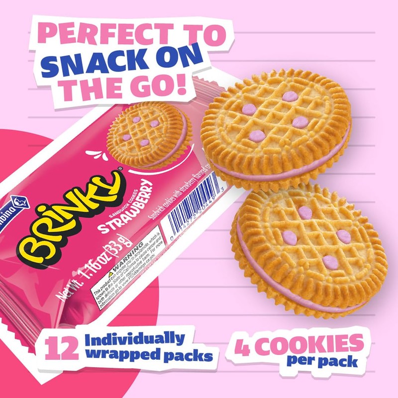 Colombina Brinky Strawberry Cream Cookies,12 Individual Packs, 4 Sandwich Cookies