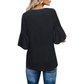 Knot Shirts for Women, Woman's Crew Neck 3/4 Bell Sleeve Dress Tshirt Designer Side Twist Knotted Easy Loose Fit Solid Comfy Tunic Blouse Tops Black Large
