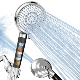 Fitespot Filtered Shower Head with Handheld, High Pressure 9 Spray Setting Showerhead with Filters, Filter Hard Water with Hose, Remove Chlorine, Power Wash Clean Tub (Chrome & ‎Black)