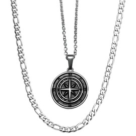 DVRK® Set of 2 silver chains for men with base made of 316L stainless steel - silver chain men's and necklace 55 cm water and sweat resistant - cross - compass, 55 cm, Silver, 316L stainless steel, No