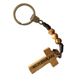 LION OF JUDAH MARKET Olive Wood Prayer Beads Cross Keychain Handmade Catholic, Olive, Small