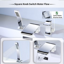 KAPHOME Bathtub Faucet With Handheld Shower,Deck Mount Brass Roman Tub Faucet High Flow,3-Holes Single-Handle Waterfall Tub Filler With Sprayer Chrome,4Y1MK