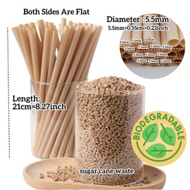 Pack of 400 Disposable Straws Made of Bagasse, 21 cm Straight Flat Straw, 5.5 mm Diameter, Sugar Cane, Biodegradable, for Party, Juice, Kitchen, Club (400)